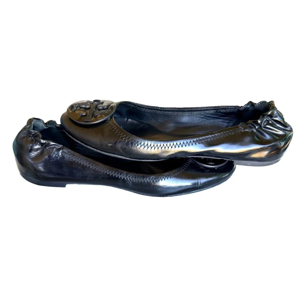 Tory Burch Reva Black Patent Leather  w/ Logo Travel Ballet Flats Shoes 7.5